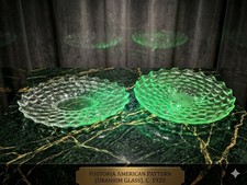 Vtg Fostoria American Uranium Glass Cake Stand Platter Set Clear Glows Green UV picture