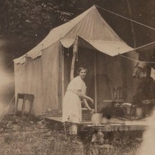 CREASED 1930s Woman Camping Canvas Tent Camp Life Washing Basin picture