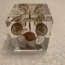 CLEAR LUCITE PAPERWEIGHT Floating Pennies Acrylic Cube Suspended 2.1/8”  Vtg picture