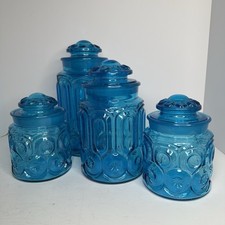 Vintage LE Smith Moon & Stars Colonial Blue Glass 4 Pcs. Canister Set picture