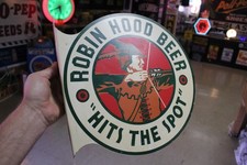 RARE 1950s ROBIN HOOD OMAHA NEBRASKA BEER PAINTED METAL 2-SIDED FLANGE SIGN picture