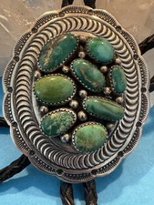 Vintage Thompson Platero Navajo Sterling Silver Green Turquoise Cluster Bolo Tie picture