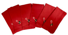 Vtg Red Cloth Christmas Napkins SET OF 6 Fabric Embroidered Candy Cane 17” x 17” picture