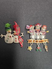 AJMC Pewter Christmas Brooch Pin Lot 2pc Snowman Friends Dangle Charms Vtg picture