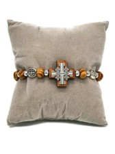 Olive Wood Bracelet Icon Jerusalem Cross Sliver Elastic Hand Made Holy land Gift picture