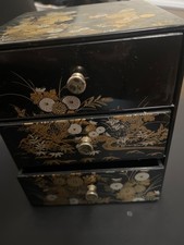 Vintage Japanese Mini Tansu Jewelry Box 3 Drawer Black Lacquer Gilt picture