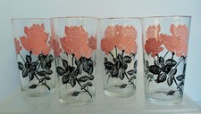 Set of 4 Vintage 1960's Hazelware Pink Black Roses Floral Tumbler Glasses 12 Oz picture