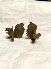 Pair Vintage Mid Century Fighting Cocks Roosters Solid Bronze Figures Farm Decor picture