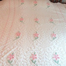 Vintage Cotton Chenille Bedspread 91 x 93 Inches Pink Green Flowers Cutter picture