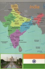Map of India, Flag, Taj Mahal in Agra, Mumbai, Delhi etc. --- Modern Postcard picture