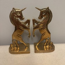 Vintage Solid Brass Rearing Unicorn Bookends Mid Century Hollywood Regency Set picture