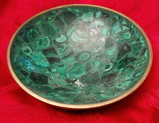 Antique Brass Rimmed Round Malachite larger Bowl 6.25