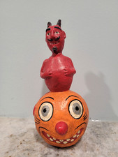 Papier Mache Halloween Devil pumpkin head paper folk art sculpture vintage antiq picture
