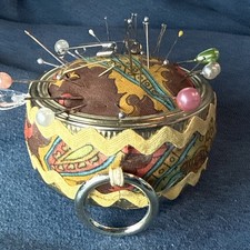 Vintage 1970's? Pin Cushion for Sewing.Metal & Fabric, Old Pins.  picture