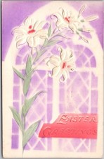 c1909 EASTER GREETINGS Heavy Embossed Postcard Air-Brushed / Hand-Colored Lilies picture