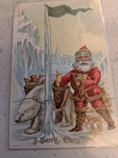 VTG RED SUIT SANTA CLAUS WITH POLAR BEAR AND TOYS.  SANTA CLAUS DEPOT NORTH POLE picture