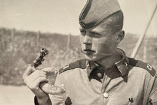 Handsome Young Man Soldier Eats a Bun and Meat Pretty Guy Boy Vintage Photo USSR picture
