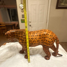 Hand Carved Wood Spotted Leopard Figurine Decorative Animal Sculpture picture