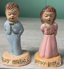 Vtg Chalkware Boy Girl Pair Happy Birthday Candle Holders Cake Toppers 1940-50’s picture