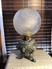 Stunning Antique Metal Double Wick Lions Head Women’s Head Oil Lamp W/shade picture