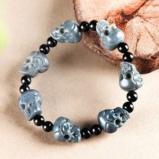 Certificate Natural Grade A Jade Smoke-gray Skull Head Beads Bracelet Jewelry picture