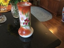 Late Victorian Art Nouveau Opaque White Milk Glass Handpainted Vase. 11 1/2” H picture