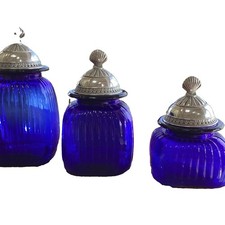 Rare Cobalt Blue Ribbed Glass Jars, Canister Set, SHELL Pewter Lids picture