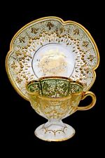 Moser Antique Tea Cup Set Quatrefoil Clear Cut to Green Heavy 14K Gilt Enameling picture
