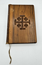 Antique 1920s Red Letter New Testament Bible Olive Wood Covers Jerusalem Cross picture