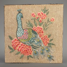 Vtg MCM Hollywood Embroidered w Sequin/Beads Peacock Wall Art Decor 16” Square picture