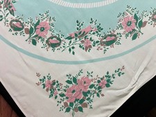 #806 Vintage 1950's Blue Floral & Birds Print Tablecloth 53
