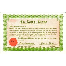 Vintage 1945 Fat Lady's License Novelty Certificate Ex Sup Co Chicago Humorous picture