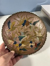 Vintage Enameled Brass Pedestal Bowl Scalloped Cloisonne Style Bird Lily 9.75