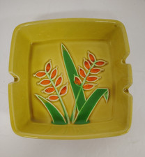 Vintage mid century modern ceramic ash tray with embossed flowers gold & greens picture