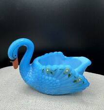 Vintage Boyd Glass Slag Turquoise Blue Hand Painted Swan Open Salt Cellar Dish picture