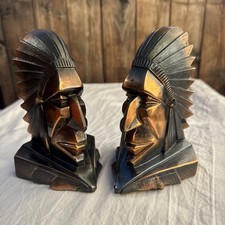 Antique Geometric Art Deco Indian War Chief Art Statue Sculpture Bookends Pair picture