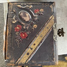 1800s Victorian Hunting Photo Album  Embossed Leather Brass Clasp Antique Family picture