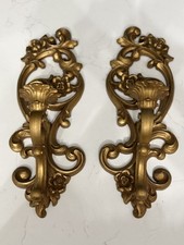 Vintage Pr HOMCO Gold Rococo Hollywood Regency Wall Candle Sconces Holder 1971  picture