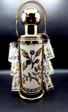 Vintage Glenshaw MCM Pump Decanter Set 6 Shot Glasses Gold Floral Barware Works picture