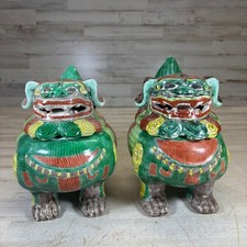Pair Chinese Polychrome Porcelain Foo Dog Guardian Lion Hollow Censer Figures picture