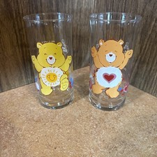 Vintage 1983 Care Bears Pizza Hut Collector Glasses Funshine & Tender heart Bear picture
