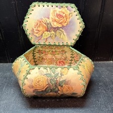 Vtg 30-40’s Celluloid Cover Post Card Folk Art Handmade Crocheted Trinket Box picture