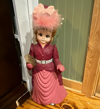 Ceramic Painted 3D Girl Figurine Pink/Burgundy Dress Feather Hat Book picture