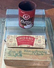 Vintage A&P Ched O Bit Box & Coffee Tin | Wood Kingsbury Club Cheese Box picture