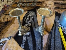 Vintage 60s Rubel Cast Metal Pillar Candlestick Holders Pair Silver Tripod Base picture