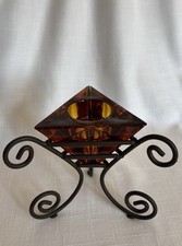 Zodax Amber Orange Glass 5” Candle Holder w/ Brown Metal Stand~ Portugal picture