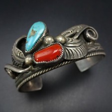 Notable Vintage ART TAFOYA Sterling Silver TURQUOISE and CORAL Cuff BRACELET picture