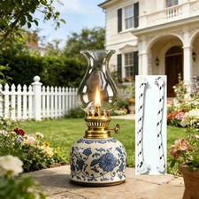 Vintage Blue White Ceramic Oil Lamp 1 Wicks Kerosene Lantern Home Decor picture