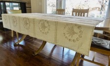 Gorgeous Lg. VINTAGE Linen Tablecloth HAND EMBROIDERED Wheat Floral UNUSED 78x63 picture