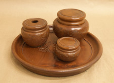 Vintage Hand-Carved Wooden Vanity Set 4 Pc Round Tray Floral Folk Art picture